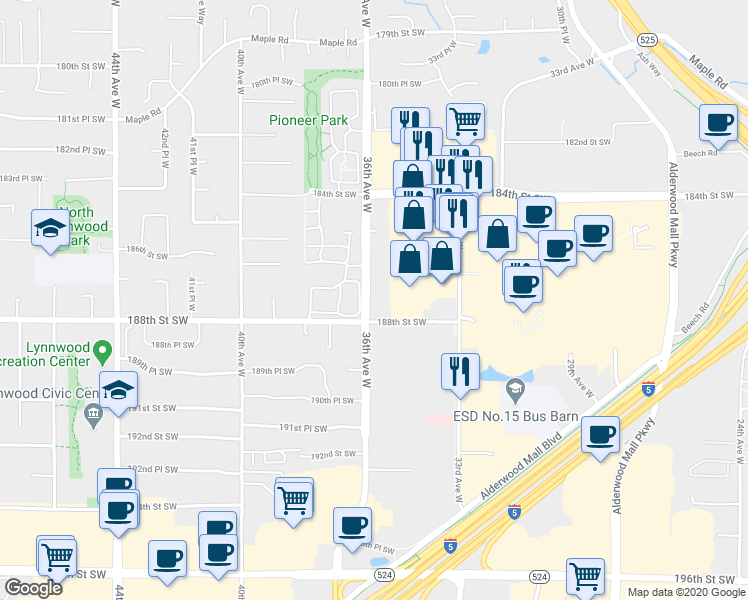 map of restaurants, bars, coffee shops, grocery stores, and more near 18711 36th Avenue West in Lynnwood
