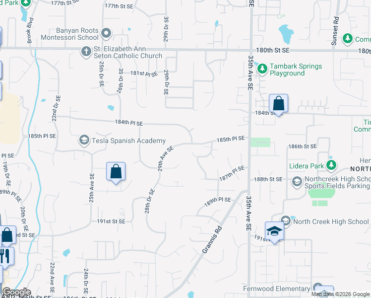 map of restaurants, bars, coffee shops, grocery stores, and more near 3030 185th Place Southeast in Bothell