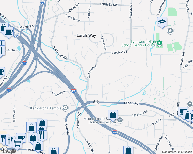 map of restaurants, bars, coffee shops, grocery stores, and more near 18705 Larch Way in Lynnwood