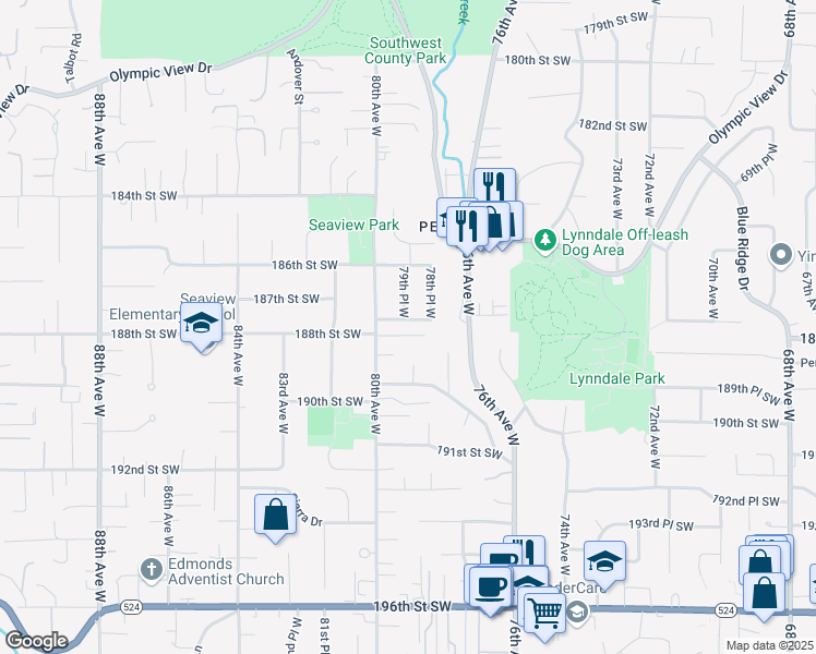 map of restaurants, bars, coffee shops, grocery stores, and more near 7900 187th Place Southwest in Edmonds