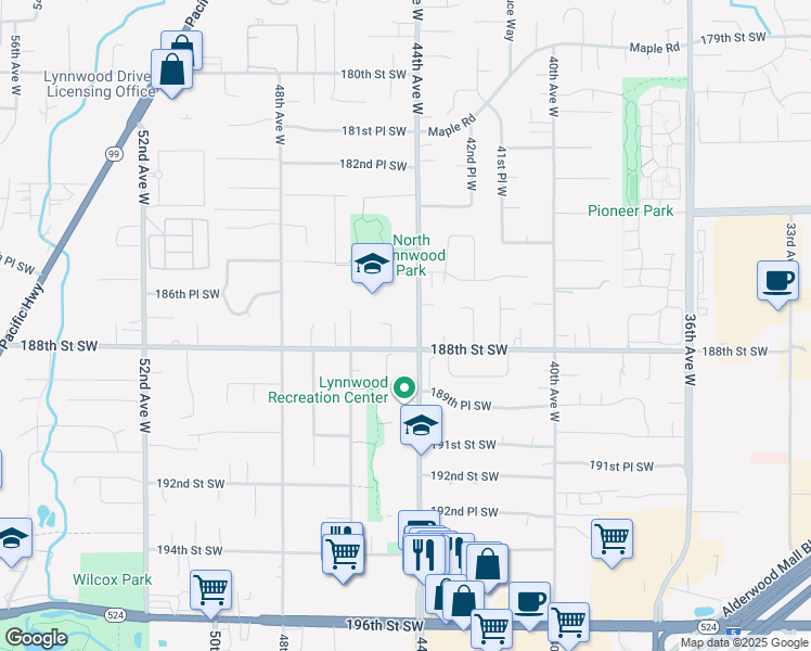 map of restaurants, bars, coffee shops, grocery stores, and more near 18700 44th Avenue West in Lynnwood