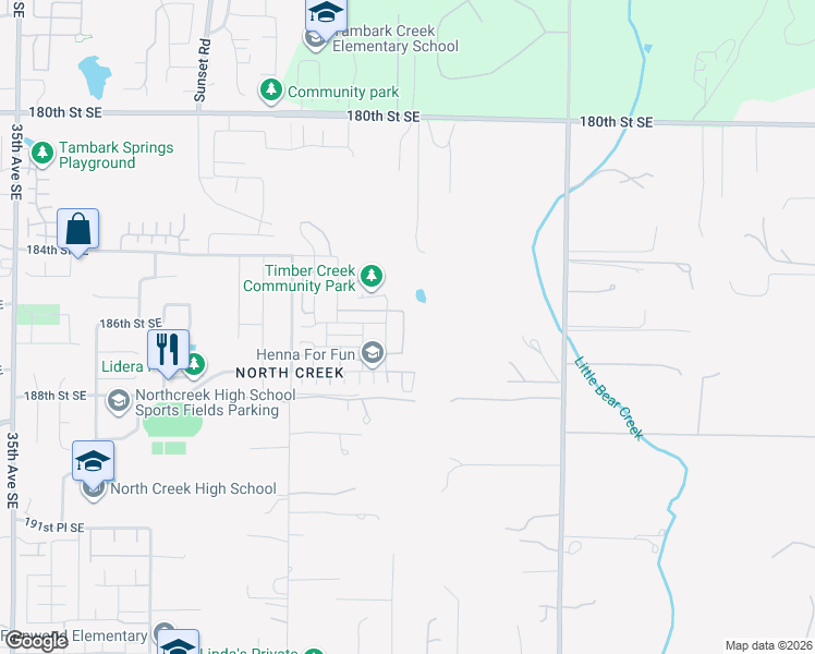 map of restaurants, bars, coffee shops, grocery stores, and more near 18529 46th Avenue Southeast in Bothell