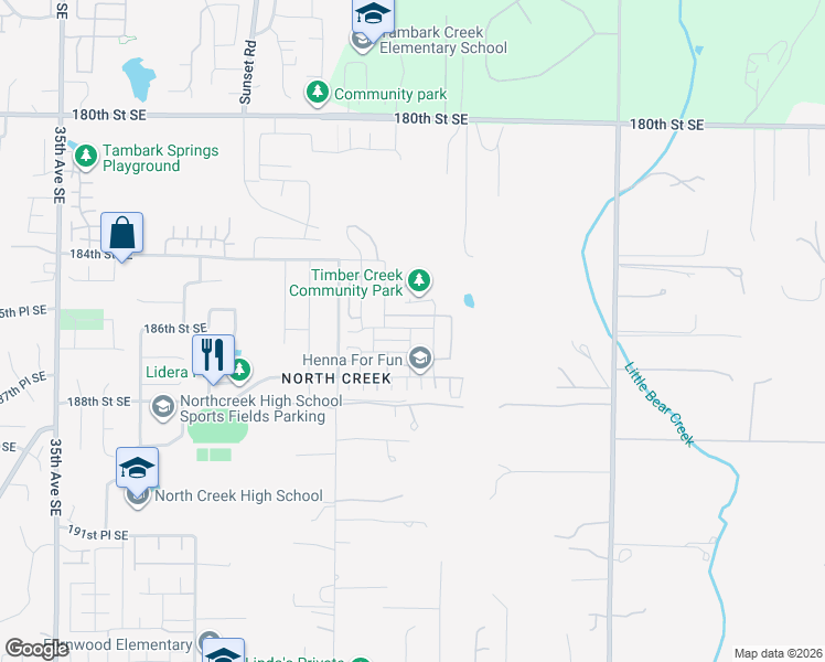 map of restaurants, bars, coffee shops, grocery stores, and more near 18704 43rd Avenue Southeast in Bothell