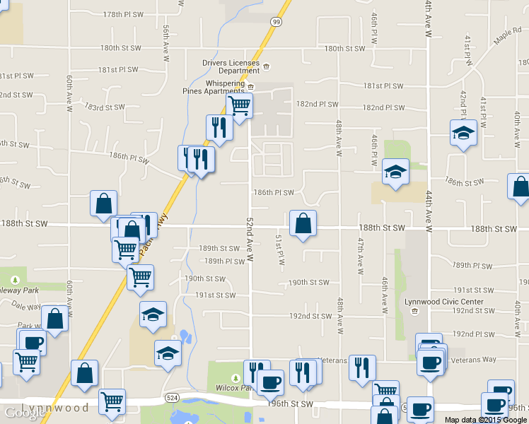 map of restaurants, bars, coffee shops, grocery stores, and more near 18709 52nd Avenue West in Lynnwood