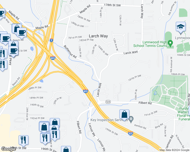map of restaurants, bars, coffee shops, grocery stores, and more near 18700 Butternut Road in Lynnwood