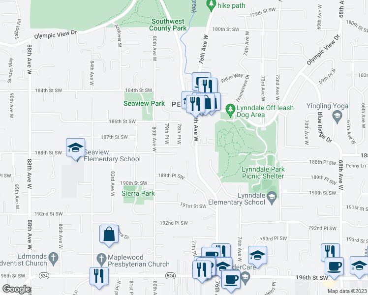 map of restaurants, bars, coffee shops, grocery stores, and more near 18731 78th Place West in Edmonds
