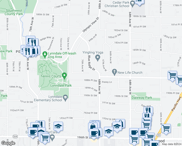 map of restaurants, bars, coffee shops, grocery stores, and more near 6909 187th Place Southwest in Lynnwood