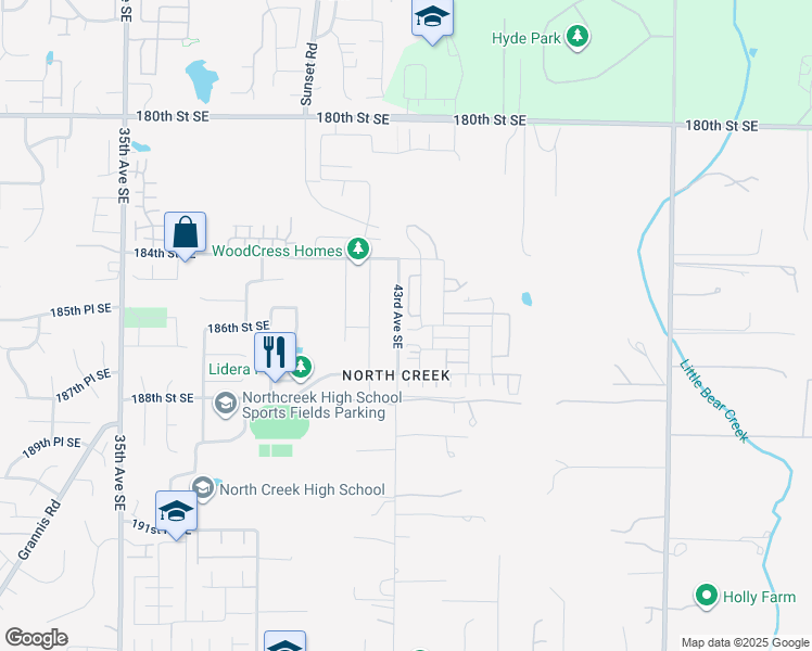 map of restaurants, bars, coffee shops, grocery stores, and more near 4308 186th Street Southeast in Bothell
