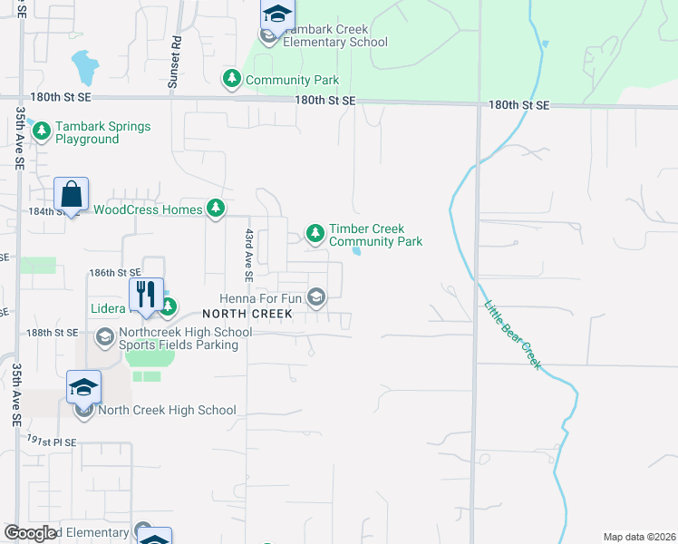 map of restaurants, bars, coffee shops, grocery stores, and more near 18529 46th Avenue Southeast in Bothell