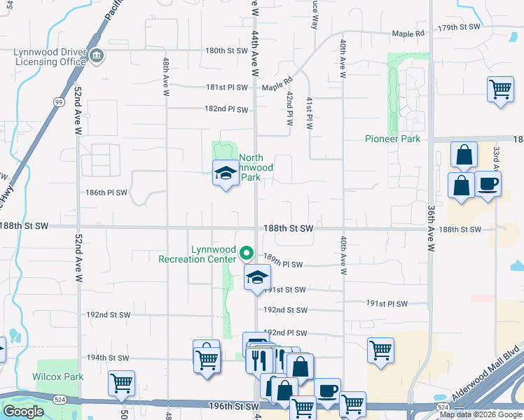 map of restaurants, bars, coffee shops, grocery stores, and more near 18705 44th Avenue West in Lynnwood