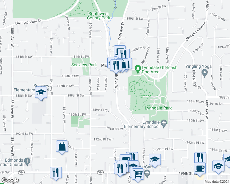 map of restaurants, bars, coffee shops, grocery stores, and more near 18731 78th Place West in Edmonds