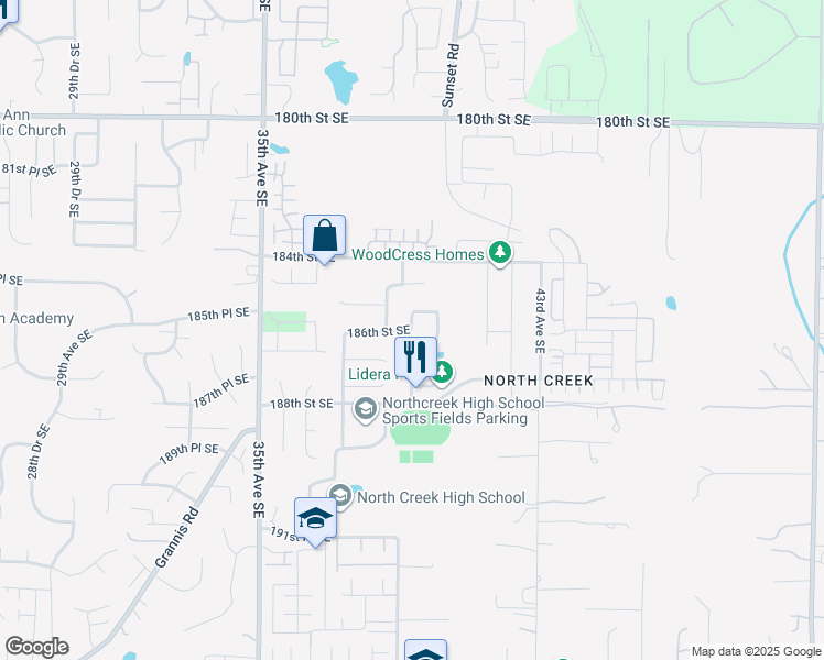 map of restaurants, bars, coffee shops, grocery stores, and more near 4400 186th Street Southeast in Bothell