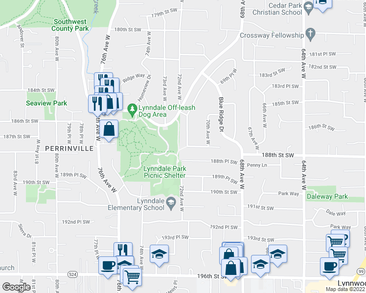 map of restaurants, bars, coffee shops, grocery stores, and more near 18700 71st Avenue West in Lynnwood