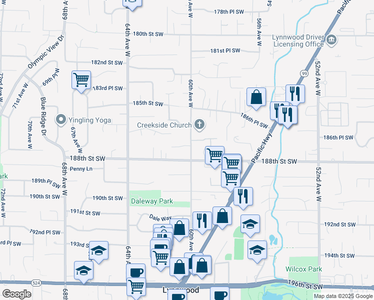 map of restaurants, bars, coffee shops, grocery stores, and more near 18710 60th Avenue West in Lynnwood