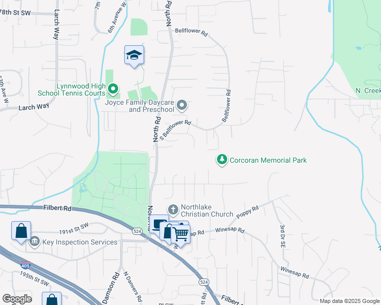 map of restaurants, bars, coffee shops, grocery stores, and more near 106 185th Place Southwest in Bothell