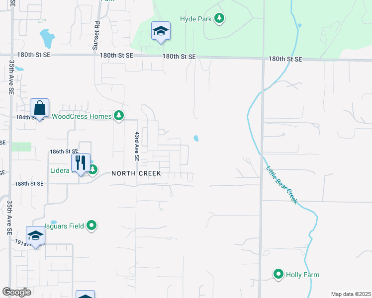 map of restaurants, bars, coffee shops, grocery stores, and more near 18529 46th Avenue Southeast in Bothell