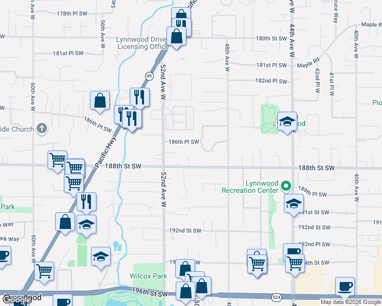map of restaurants, bars, coffee shops, grocery stores, and more near 5013 188th Street Southwest in Lynnwood