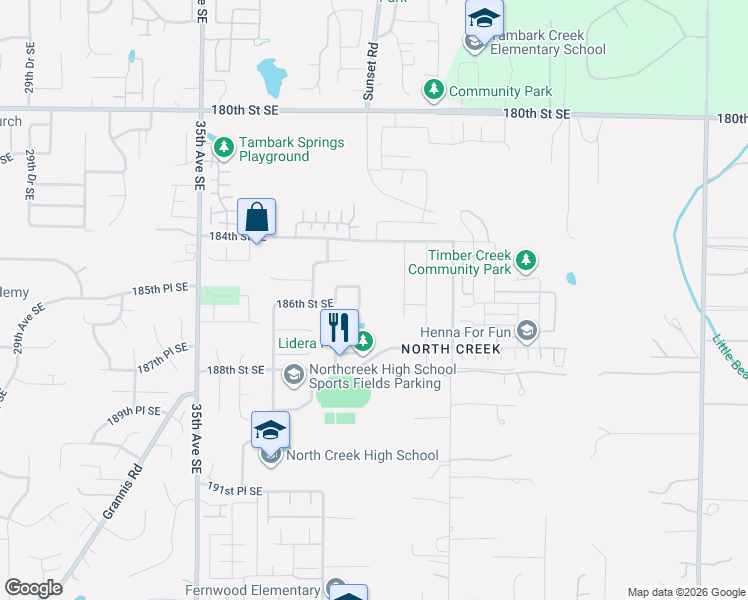 map of restaurants, bars, coffee shops, grocery stores, and more near 18521 40th Avenue Southeast in Bothell