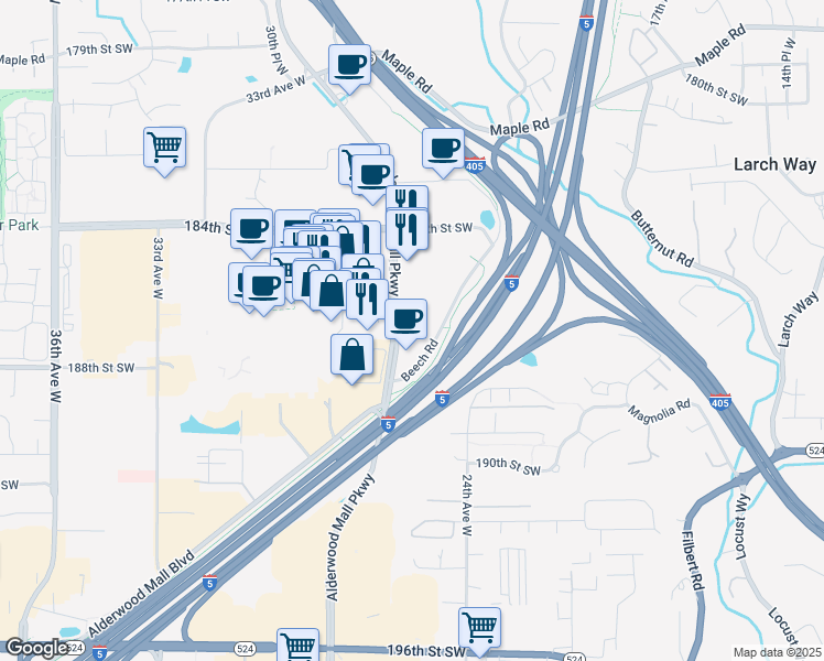 map of restaurants, bars, coffee shops, grocery stores, and more near 18631 Alderwood Mall Parkway in Lynnwood