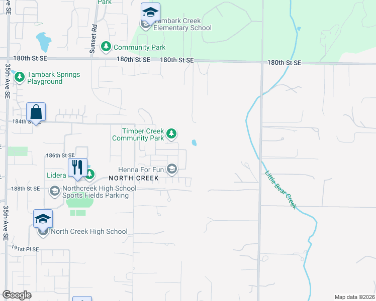 map of restaurants, bars, coffee shops, grocery stores, and more near 18529 46th Avenue Southeast in Bothell