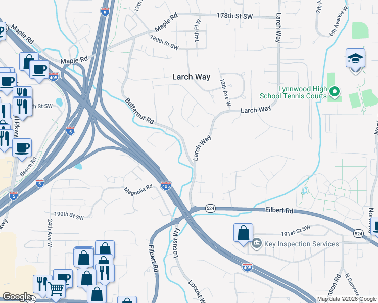 map of restaurants, bars, coffee shops, grocery stores, and more near 18700 Butternut Road in Lynnwood