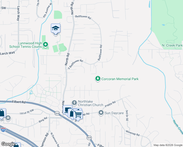 map of restaurants, bars, coffee shops, grocery stores, and more near 19 Meridian Avenue Southeast in Bothell