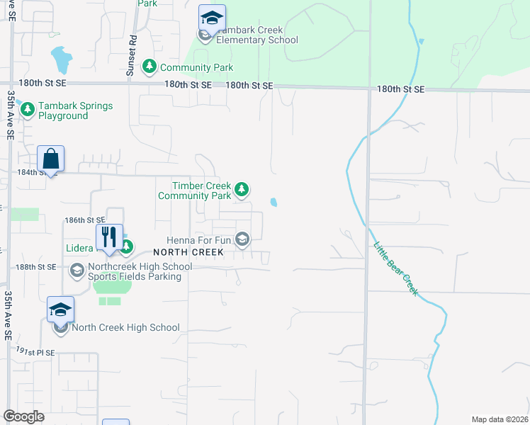 map of restaurants, bars, coffee shops, grocery stores, and more near 18529 46th Avenue Southeast in Bothell