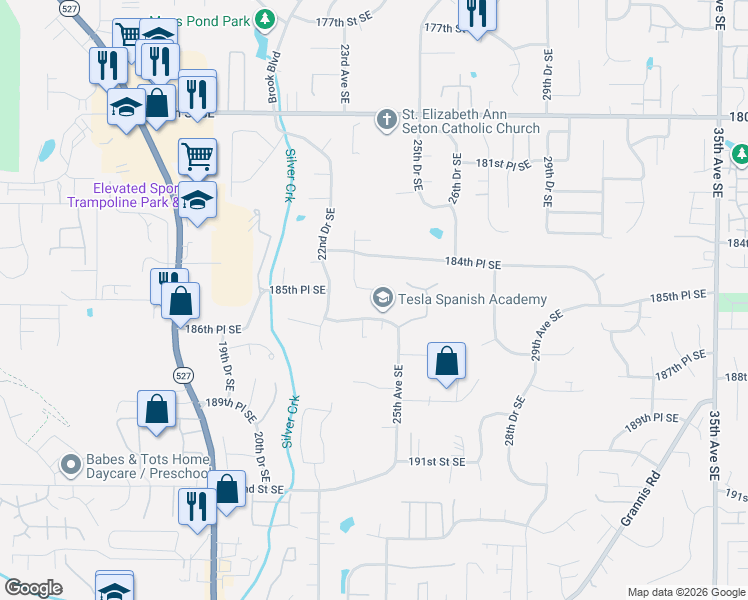 map of restaurants, bars, coffee shops, grocery stores, and more near 2403 186th Place Southeast in Bothell