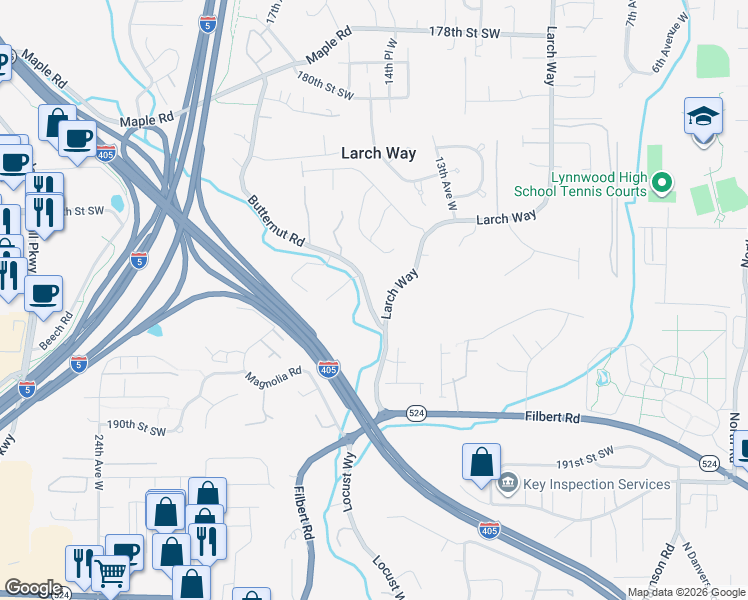 map of restaurants, bars, coffee shops, grocery stores, and more near 18700 Butternut Road in Lynnwood