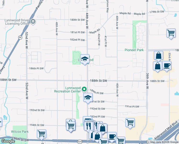 map of restaurants, bars, coffee shops, grocery stores, and more near 18705 44th Avenue West in Lynnwood