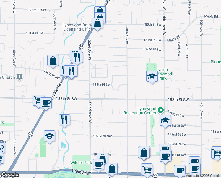 map of restaurants, bars, coffee shops, grocery stores, and more near 5013 188th Street Southwest in Lynnwood