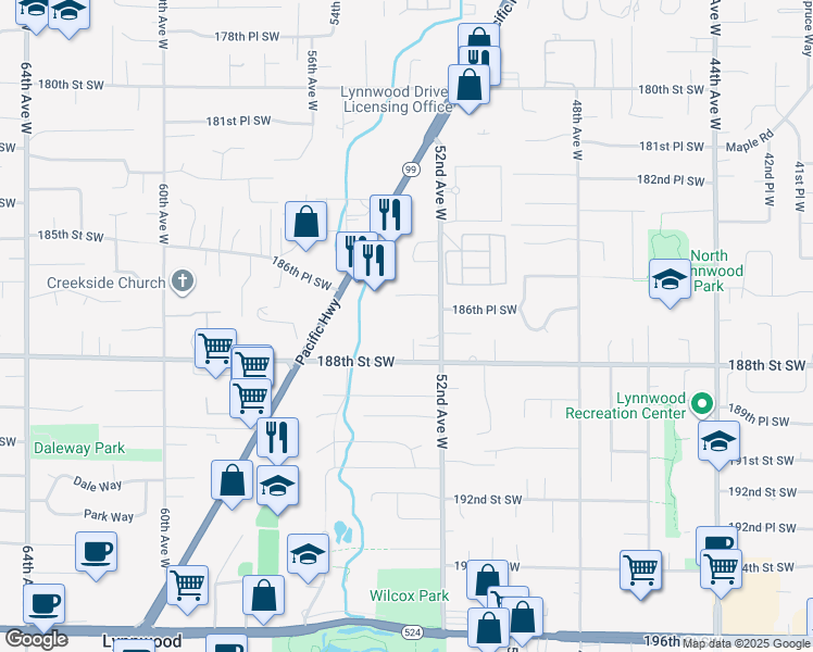 map of restaurants, bars, coffee shops, grocery stores, and more near 18706 52nd Avenue West in Lynnwood