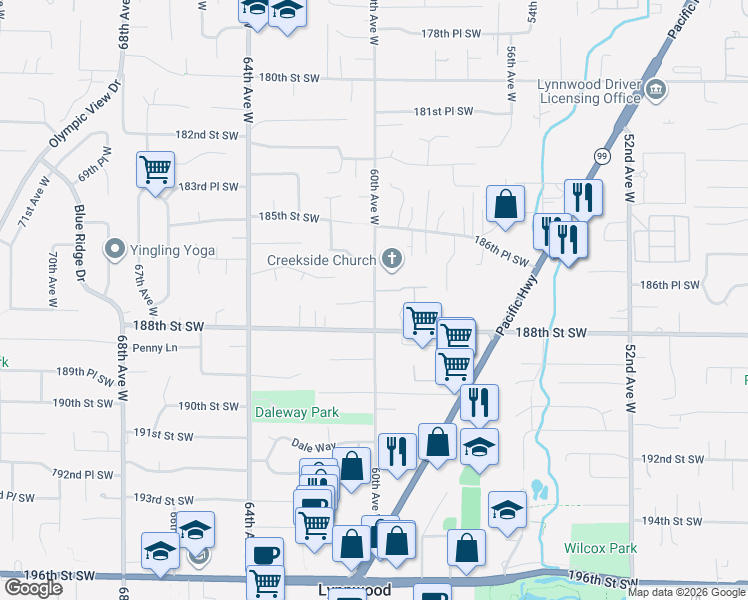 map of restaurants, bars, coffee shops, grocery stores, and more near 18710 60th Avenue West in Lynnwood