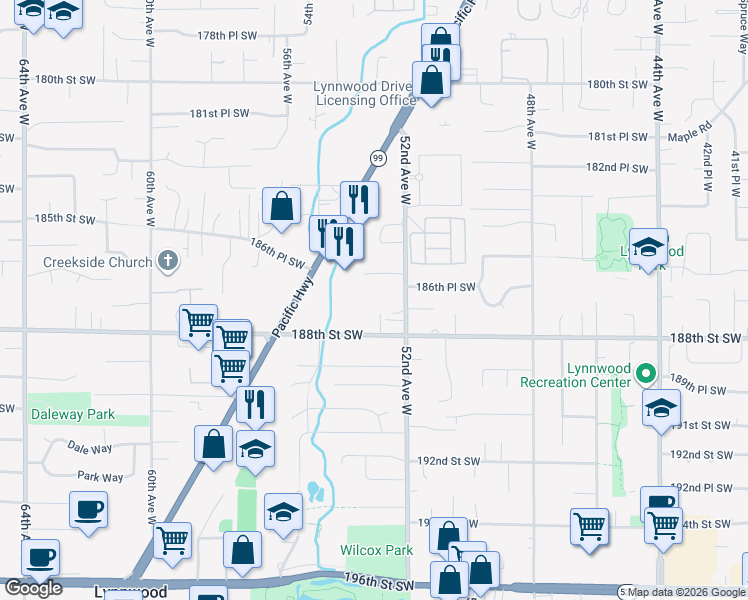 map of restaurants, bars, coffee shops, grocery stores, and more near 18706 52nd Avenue West in Lynnwood