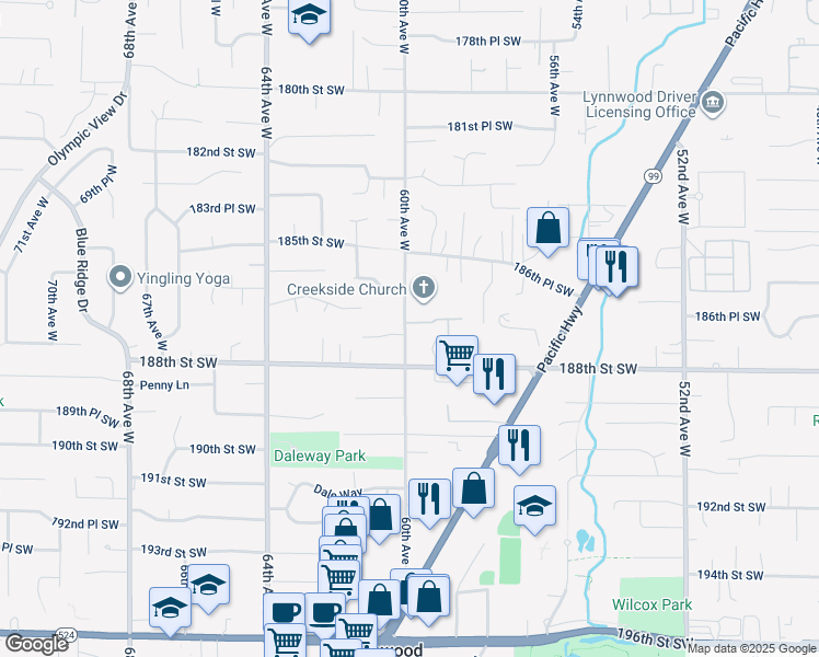 map of restaurants, bars, coffee shops, grocery stores, and more near 18710 60th Avenue West in Lynnwood