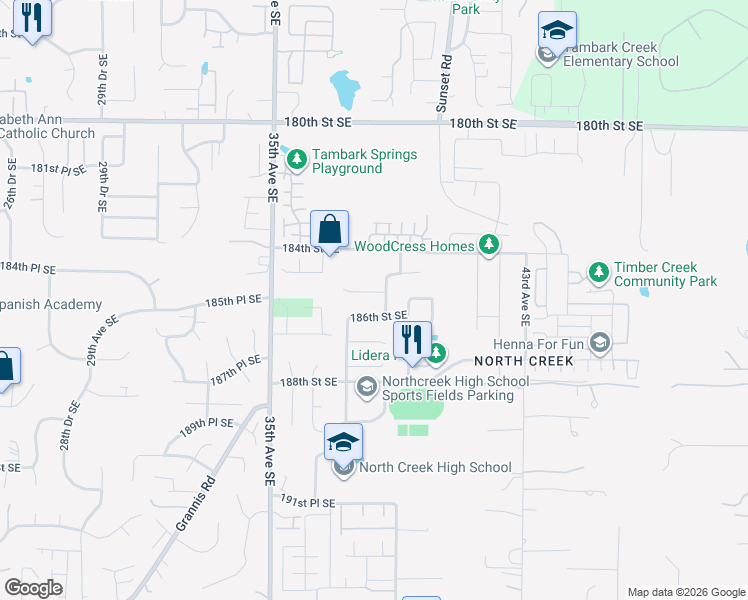 map of restaurants, bars, coffee shops, grocery stores, and more near 3813 186th Street Southeast in Bothell