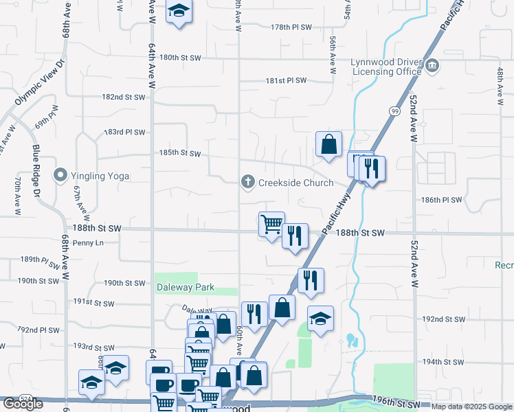 map of restaurants, bars, coffee shops, grocery stores, and more near 18625 60th Avenue West in Lynnwood