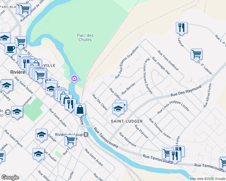 map of restaurants, bars, coffee shops, grocery stores, and more near 16 Rue Gilles in Rivière-du-Loup
