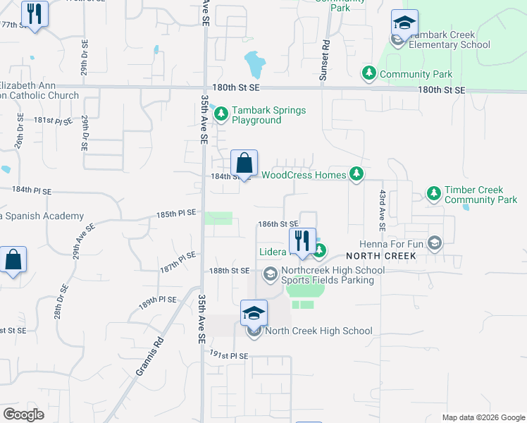 map of restaurants, bars, coffee shops, grocery stores, and more near 3717 186th Street Southeast in Bothell