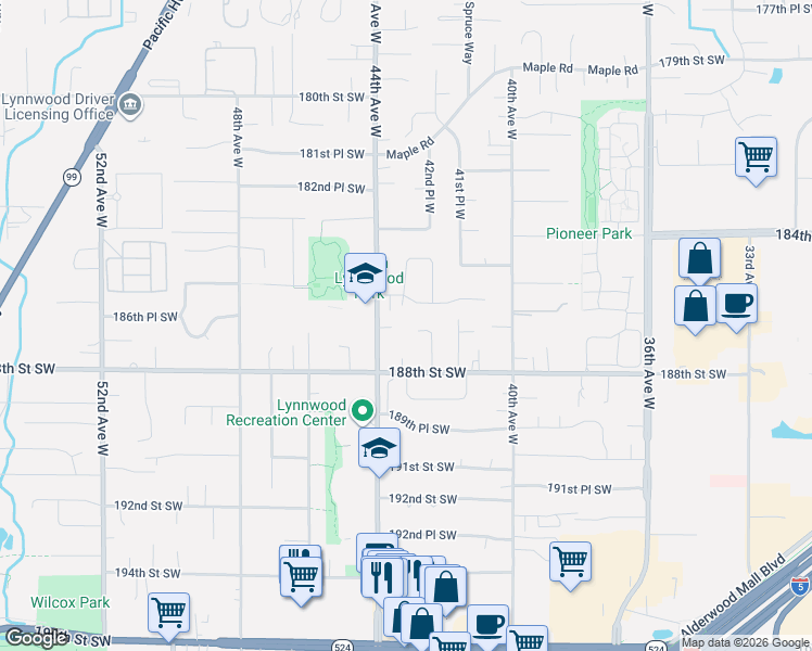 map of restaurants, bars, coffee shops, grocery stores, and more near 18705 44th Avenue West in Lynnwood
