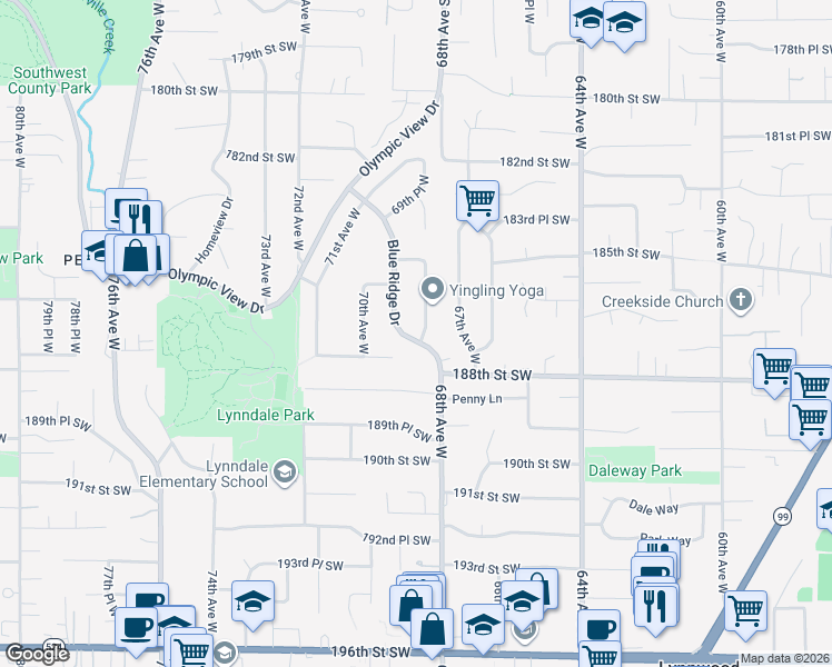 map of restaurants, bars, coffee shops, grocery stores, and more near 6909 187th Place Southwest in Lynnwood