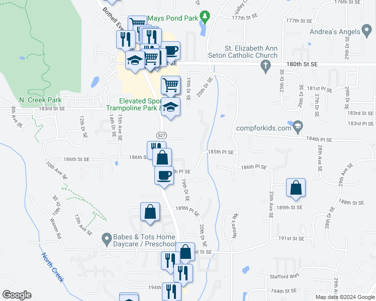 map of restaurants, bars, coffee shops, grocery stores, and more near 18527 Bothell Everett Highway in Bothell