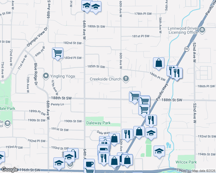 map of restaurants, bars, coffee shops, grocery stores, and more near 6110 186th Street Southwest in Lynnwood
