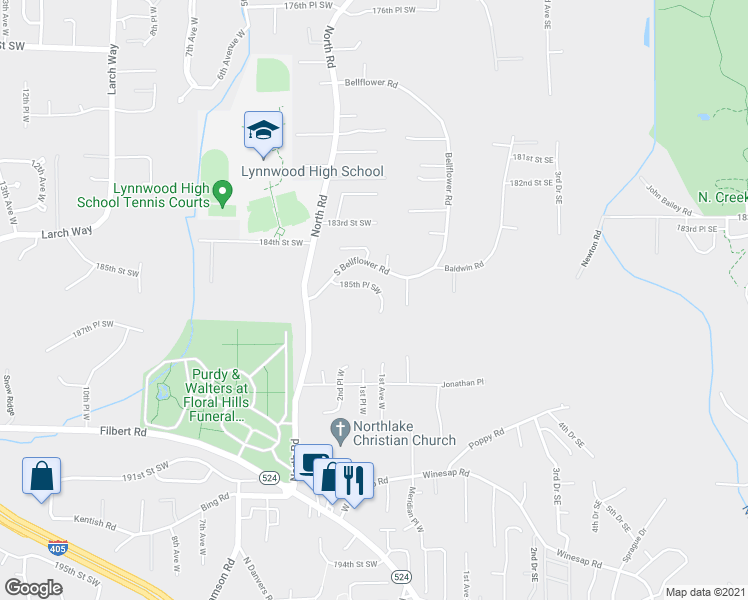 map of restaurants, bars, coffee shops, grocery stores, and more near 106 185th Place Southwest in Bothell