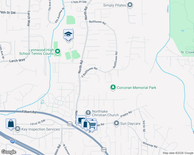 map of restaurants, bars, coffee shops, grocery stores, and more near 106 185th Place Southwest in Bothell