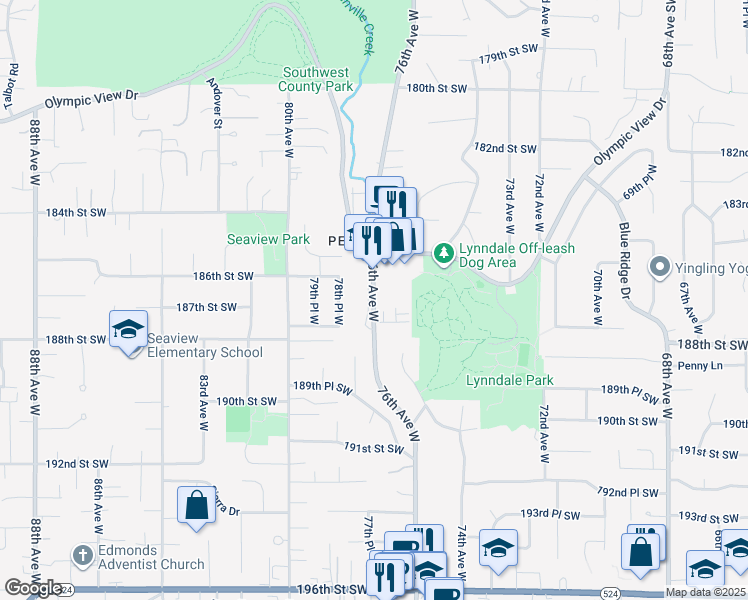 map of restaurants, bars, coffee shops, grocery stores, and more near 18605 76th Ave W in Edmonds