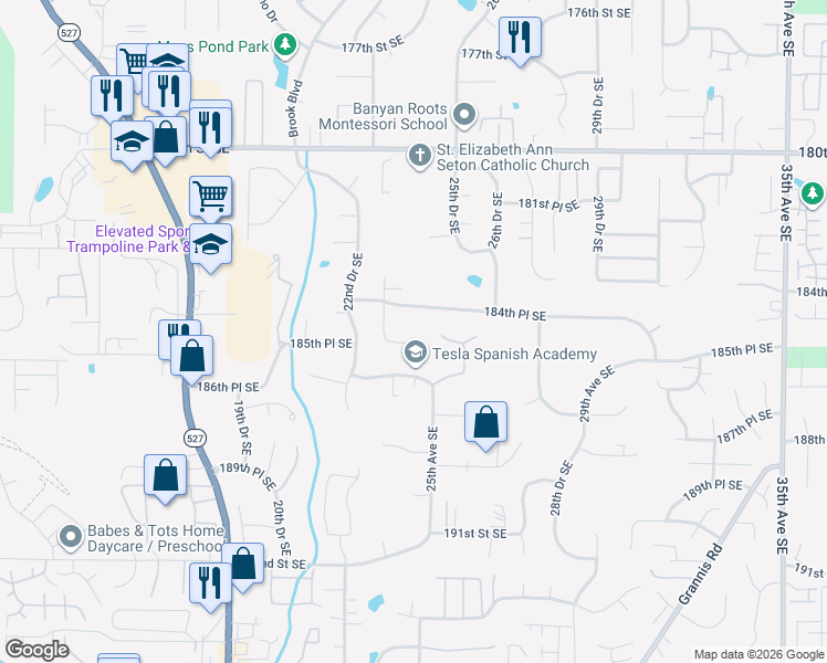 map of restaurants, bars, coffee shops, grocery stores, and more near 2314 184th Place Southeast in Bothell