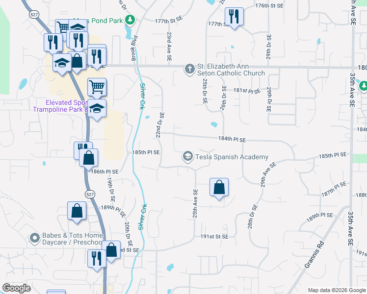 map of restaurants, bars, coffee shops, grocery stores, and more near 2314 184th Place Southeast in Bothell