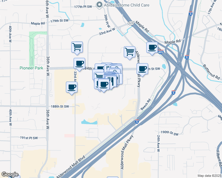 map of restaurants, bars, coffee shops, grocery stores, and more near 3000 184th Street Southwest in Lynnwood