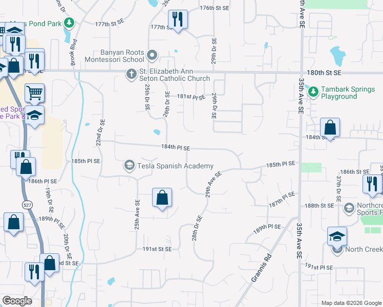 map of restaurants, bars, coffee shops, grocery stores, and more near 2821 184th Place Southeast in Bothell
